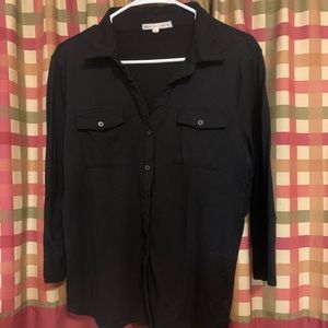 Black Chic Button Down Top- 3 Qtr Lgth Sleeve